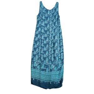 Vintage Kaliko Teal Print Chiffon Crepe Midi‎ Dress, UK 12 Back Slit Beach US 8